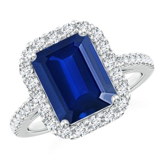 10x8mm AAAA Emerald-Cut Blue Sapphire Halo Ring in P950 Platinum