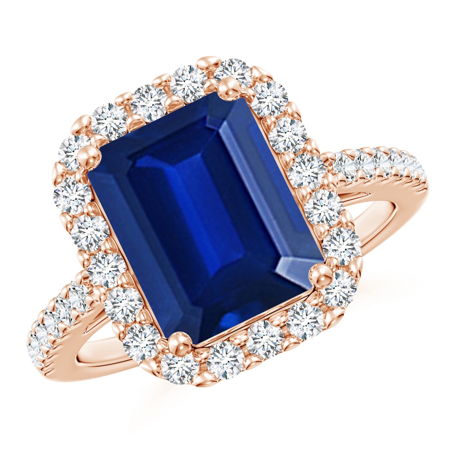 10x8mm AAAA Emerald-Cut Blue Sapphire Halo Ring in Rose Gold 