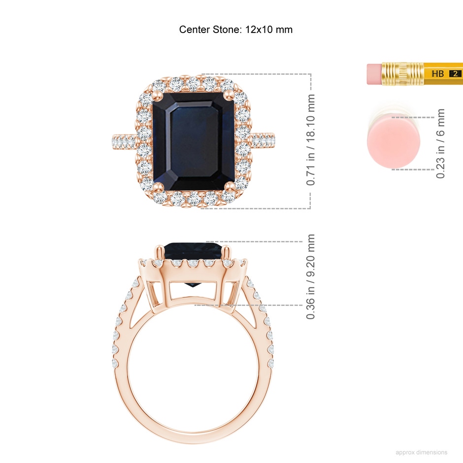 12x10mm A Emerald-Cut Blue Sapphire Halo Ring in Rose Gold ruler