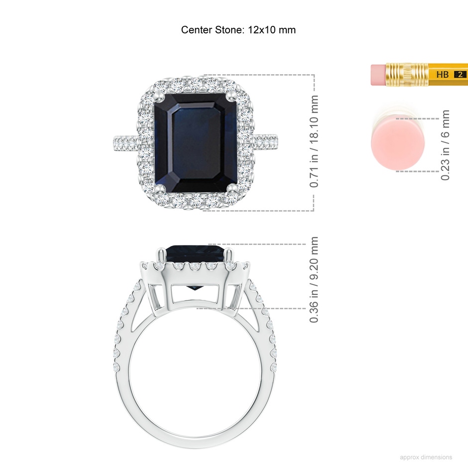 12x10mm A Emerald-Cut Blue Sapphire Halo Ring in White Gold ruler