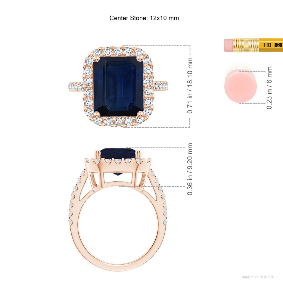 12x10mm AA Emerald-Cut Blue Sapphire Halo Ring in Rose Gold ruler