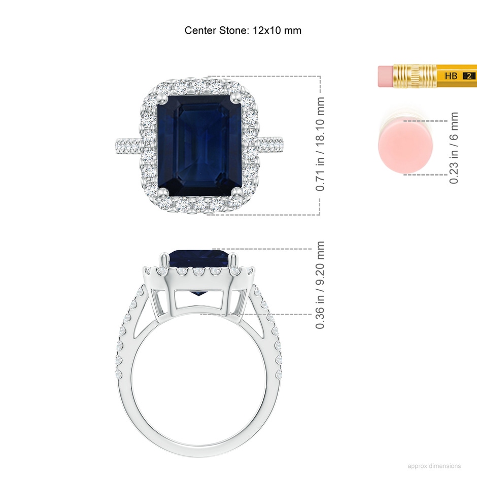 12x10mm AA Emerald-Cut Blue Sapphire Halo Ring in White Gold ruler