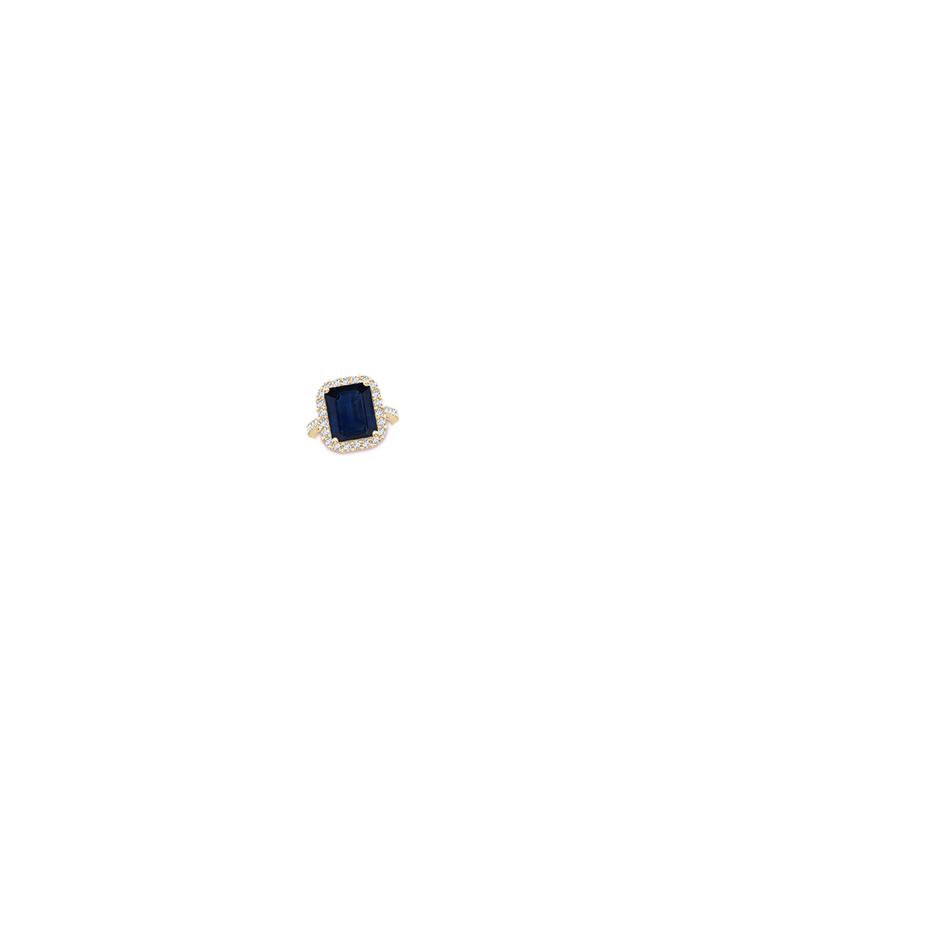 12x10mm AA Emerald-Cut Blue Sapphire Halo Ring in Yellow Gold hand