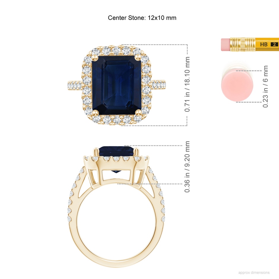 12x10mm AA Emerald-Cut Blue Sapphire Halo Ring in Yellow Gold ruler