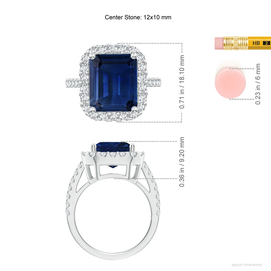 12x10mm AAA Emerald-Cut Blue Sapphire Halo Ring in P950 Platinum ruler