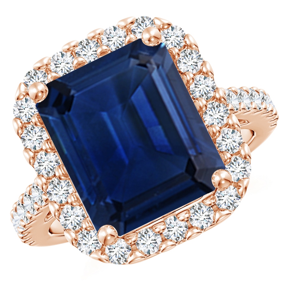 12x10mm AAA Emerald-Cut Blue Sapphire Halo Ring in Rose Gold 