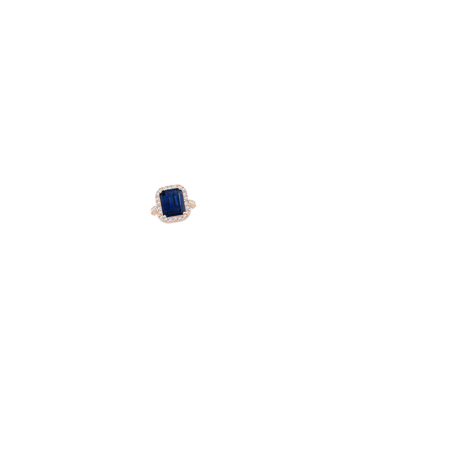 12x10mm AAA Emerald-Cut Blue Sapphire Halo Ring in Rose Gold hand
