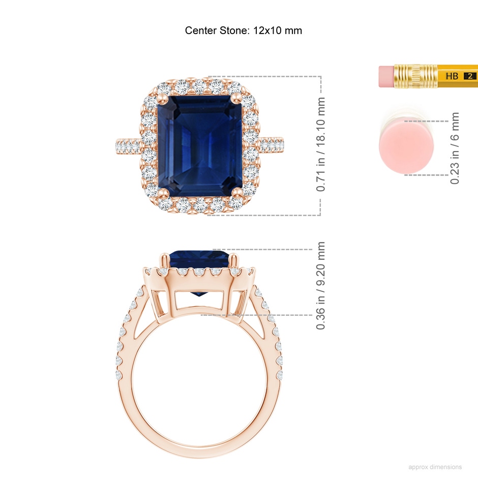 12x10mm AAA Emerald-Cut Blue Sapphire Halo Ring in Rose Gold ruler