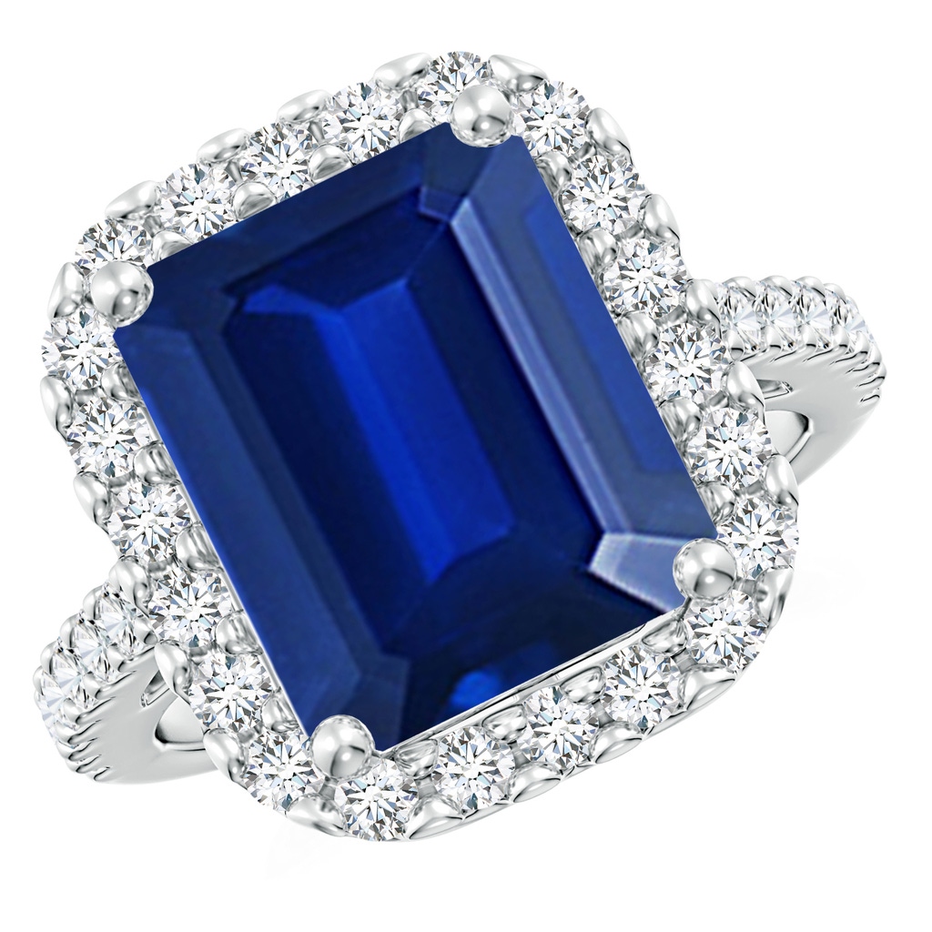 12x10mm Lab-Grown Emerald-Cut Blue Sapphire Halo Ring in White Gold