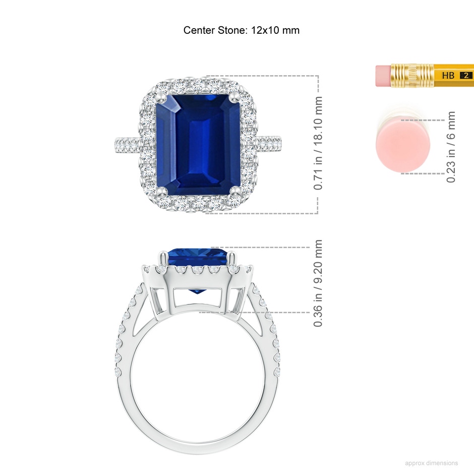 12x10mm Lab-Grown Emerald-Cut Blue Sapphire Halo Ring in White Gold ruler