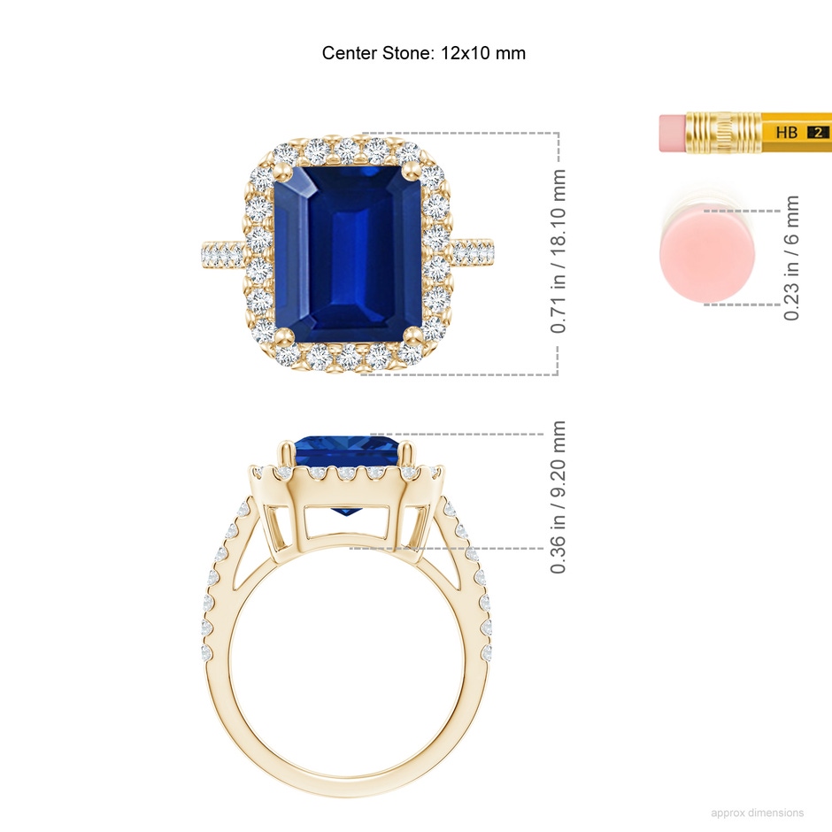 12x10mm Lab-Grown Emerald-Cut Blue Sapphire Halo Ring in Yellow Gold ruler