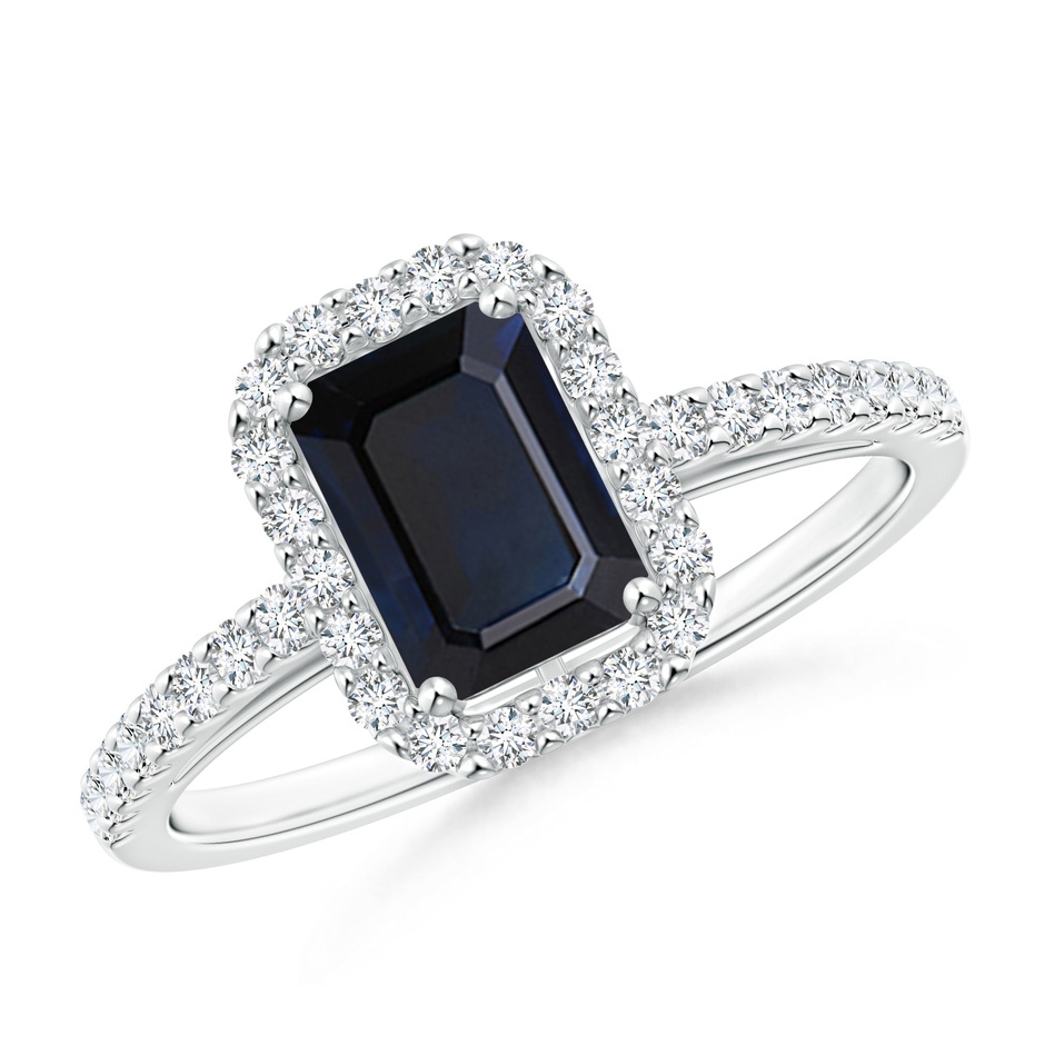 7x5mm A Emerald-Cut Blue Sapphire Halo Ring in White Gold 