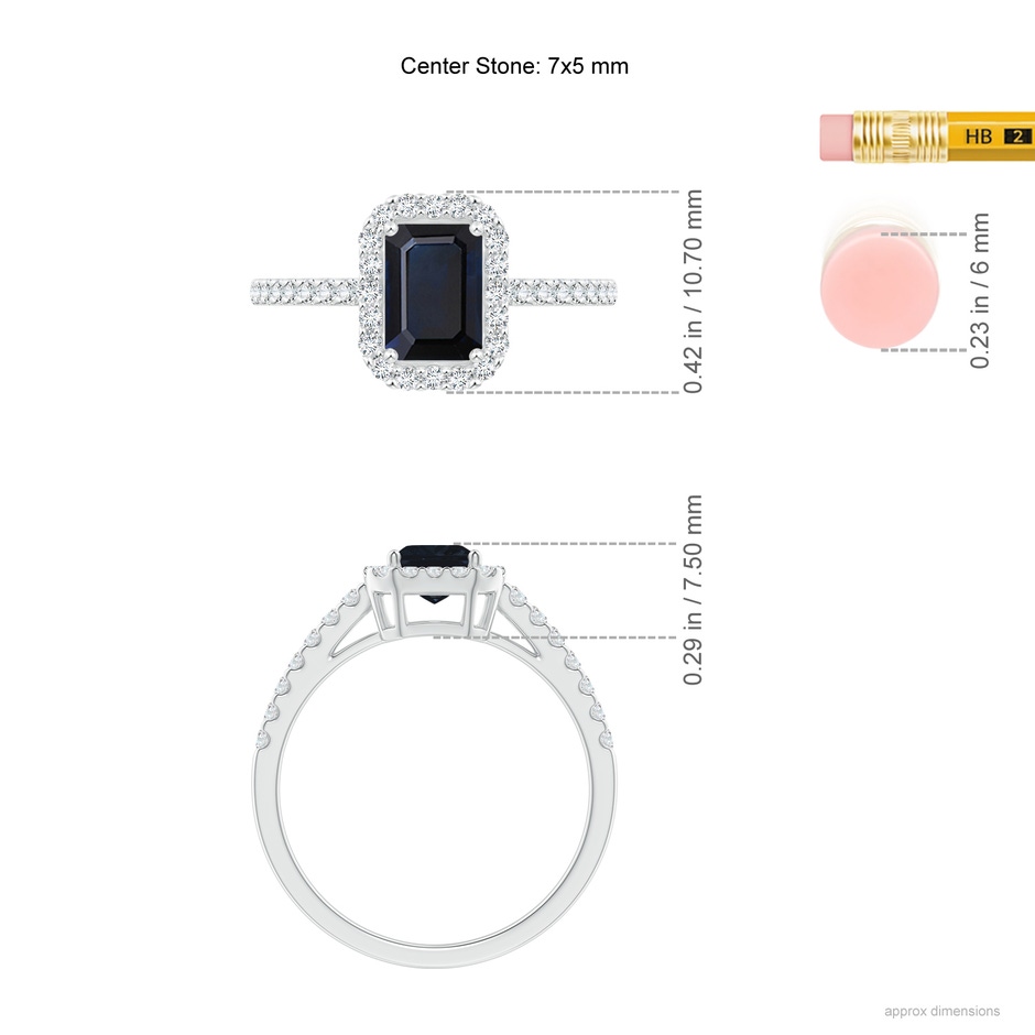 7x5mm A Emerald-Cut Blue Sapphire Halo Ring in White Gold ruler