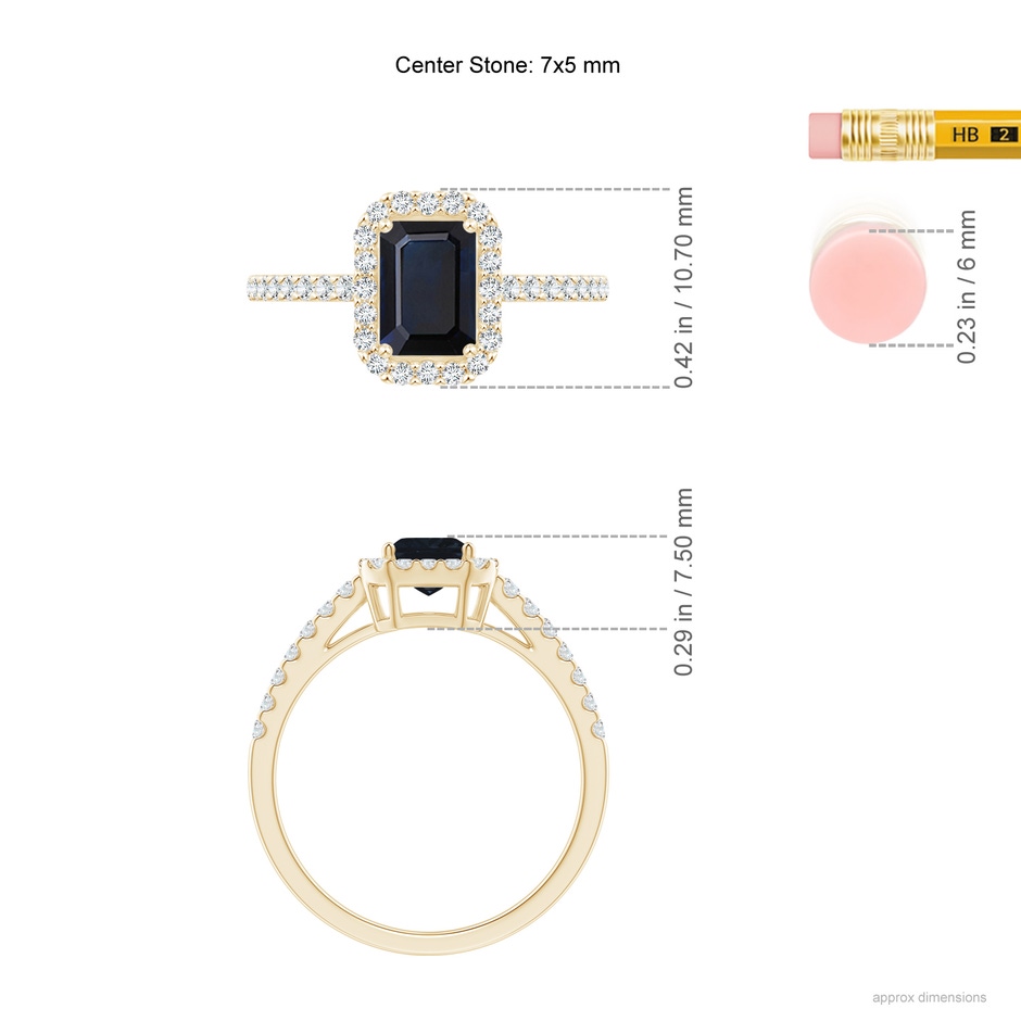 7x5mm A Emerald-Cut Blue Sapphire Halo Ring in Yellow Gold ruler
