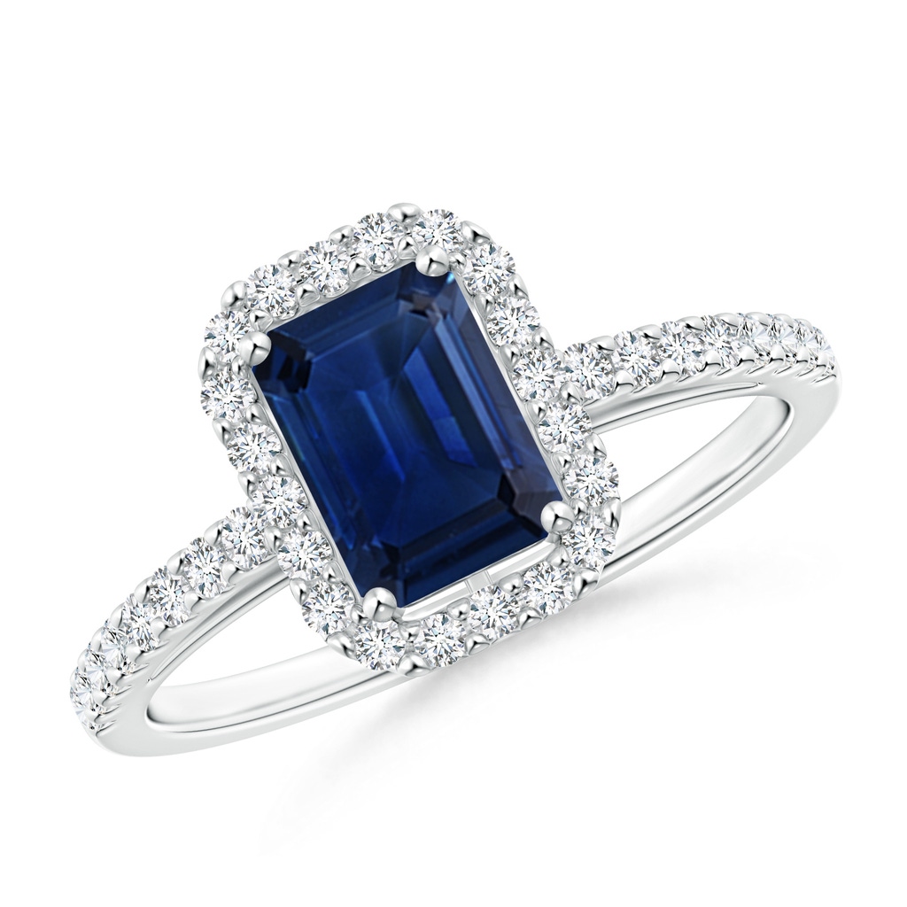 7x5mm AAA Emerald-Cut Blue Sapphire Halo Ring in P950 Platinum