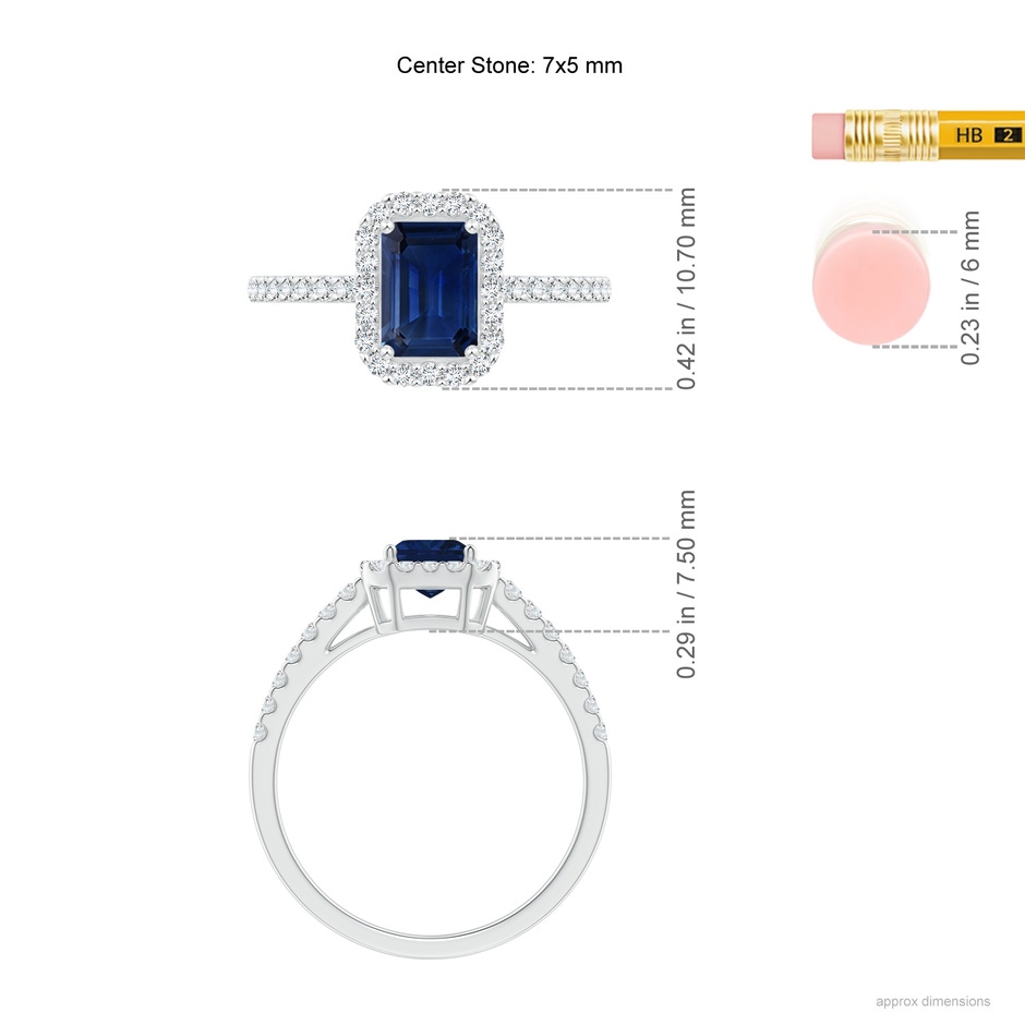 7x5mm AAA Emerald-Cut Blue Sapphire Halo Ring in P950 Platinum ruler