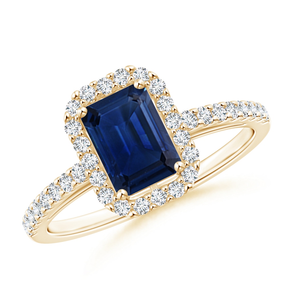 7x5mm AAA Emerald-Cut Blue Sapphire Halo Ring in Yellow Gold