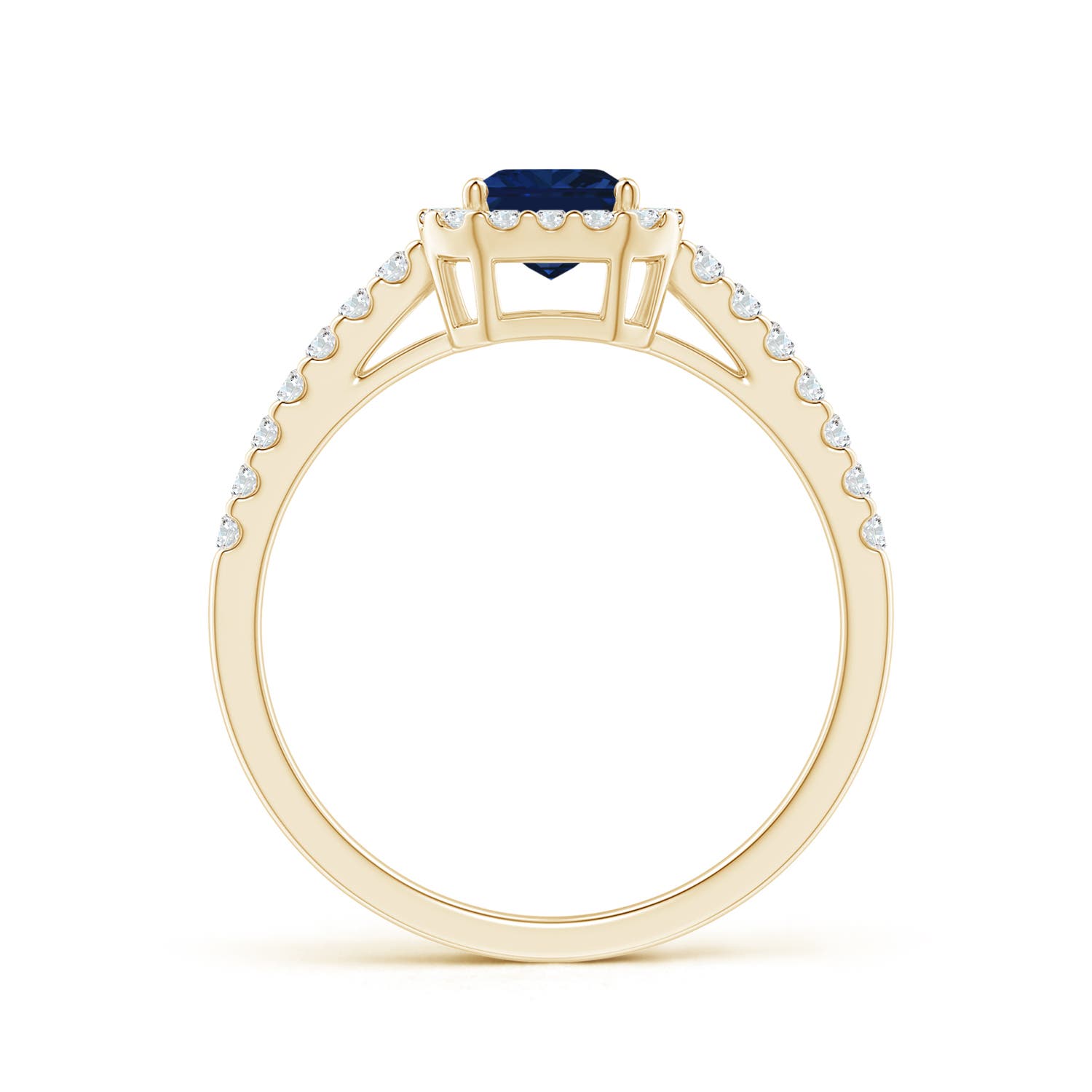 7x5mm AAA Emerald-Cut Blue Sapphire Halo Ring in Yellow Gold
