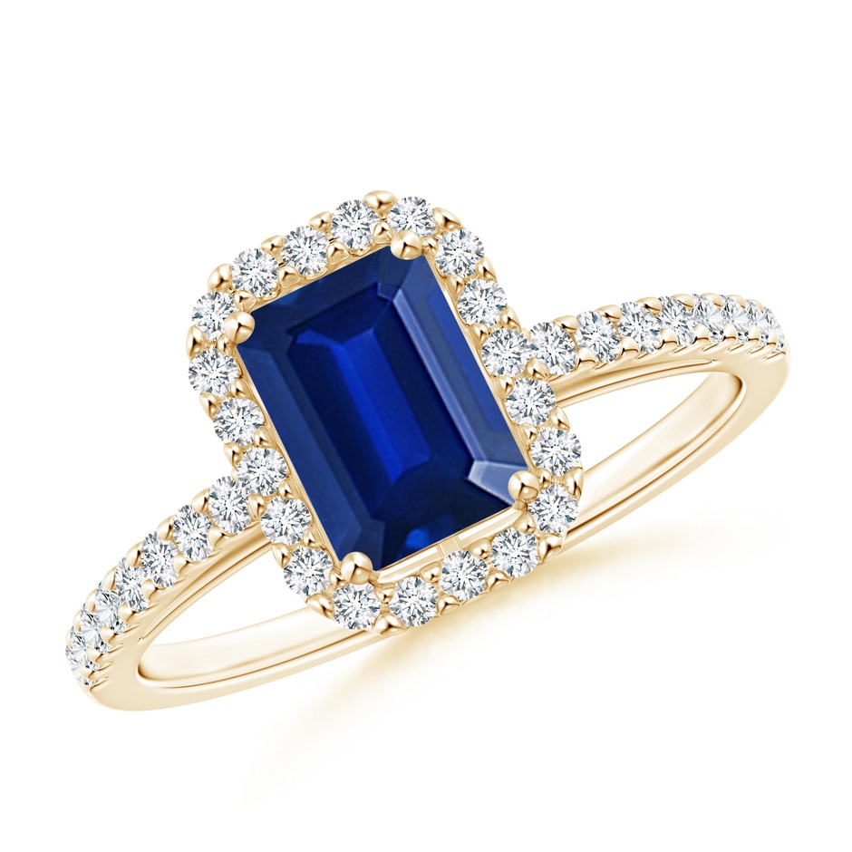7x5mm AAAA Emerald-Cut Blue Sapphire Halo Ring in Yellow Gold 