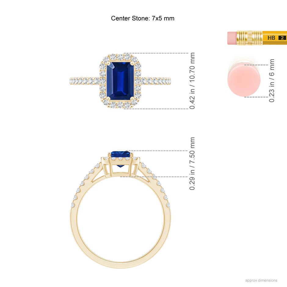 7x5mm AAAA Emerald-Cut Blue Sapphire Halo Ring in Yellow Gold ruler