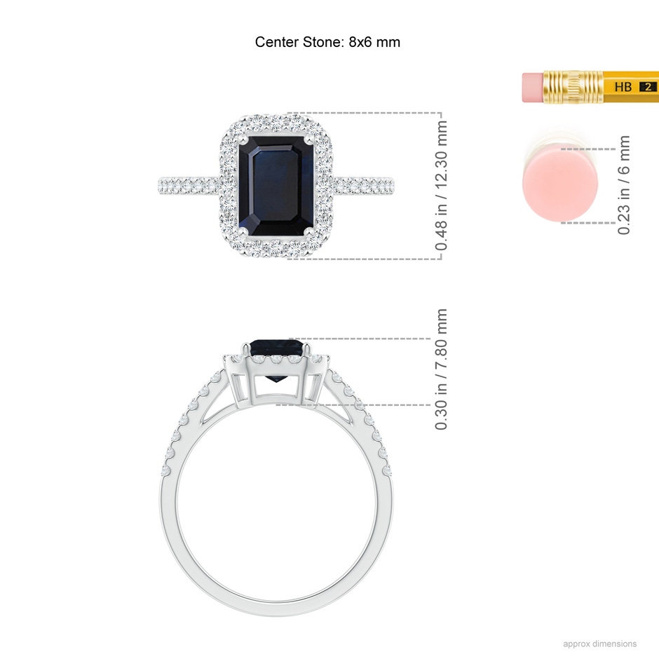 8x6mm A Emerald-Cut Blue Sapphire Halo Ring in White Gold ruler