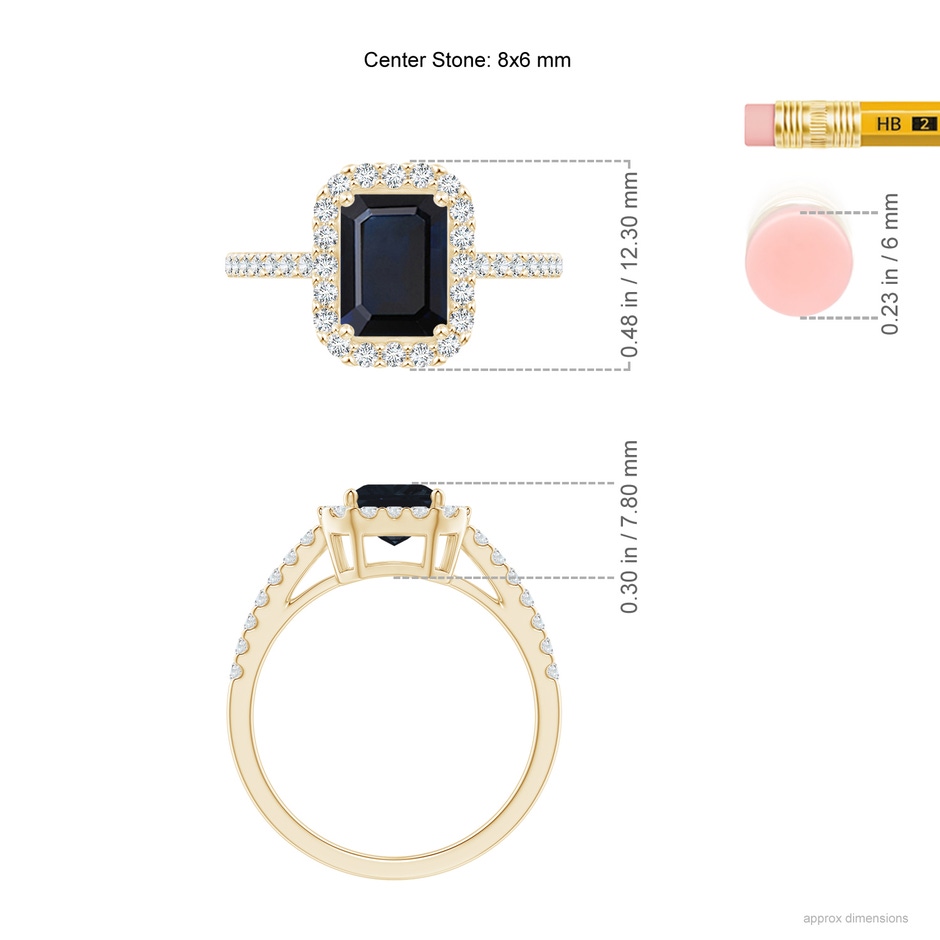 8x6mm A Emerald-Cut Blue Sapphire Halo Ring in Yellow Gold ruler