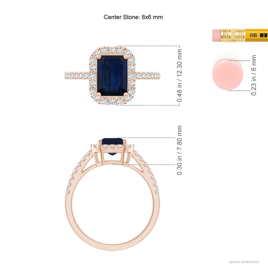 8x6mm AA Emerald-Cut Blue Sapphire Halo Ring in Rose Gold ruler