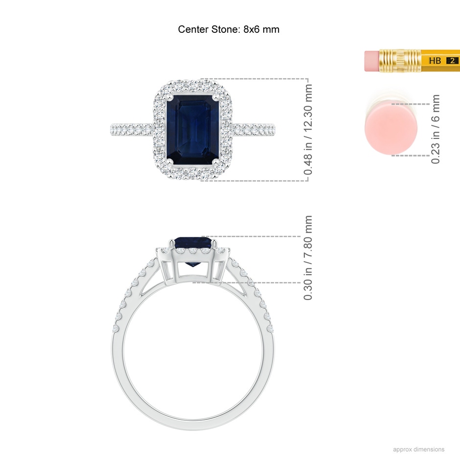 8x6mm AA Emerald-Cut Blue Sapphire Halo Ring in White Gold ruler