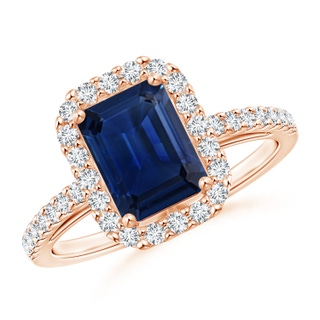 8x6mm AAA Emerald-Cut Blue Sapphire Halo Ring in Rose Gold