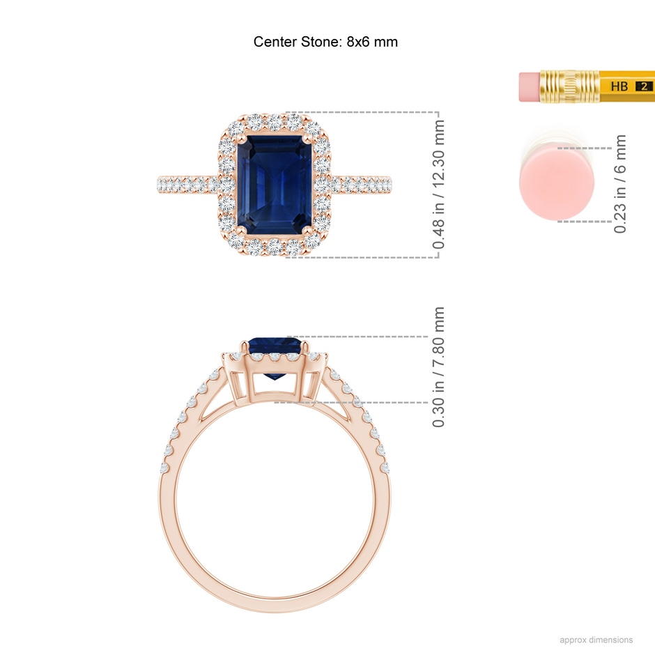 8x6mm AAA Emerald-Cut Blue Sapphire Halo Ring in Rose Gold ruler