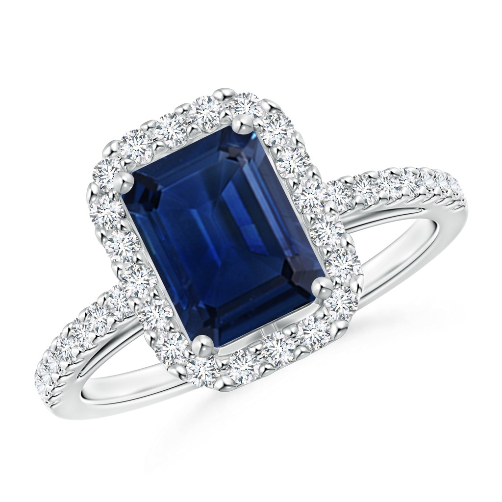 8x6mm AAA Emerald-Cut Blue Sapphire Halo Ring in White Gold