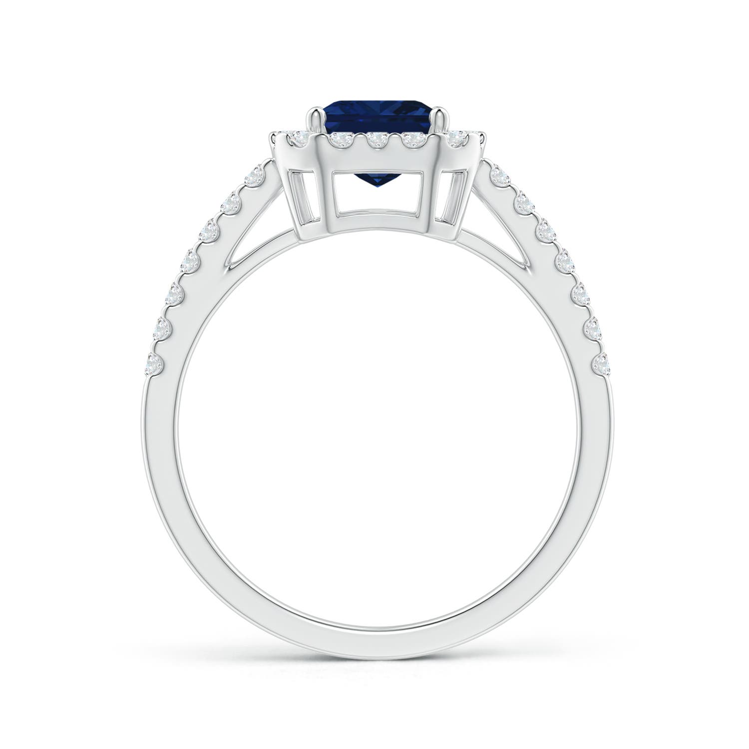 8x6mm AAA Emerald-Cut Blue Sapphire Halo Ring in White Gold - side 2