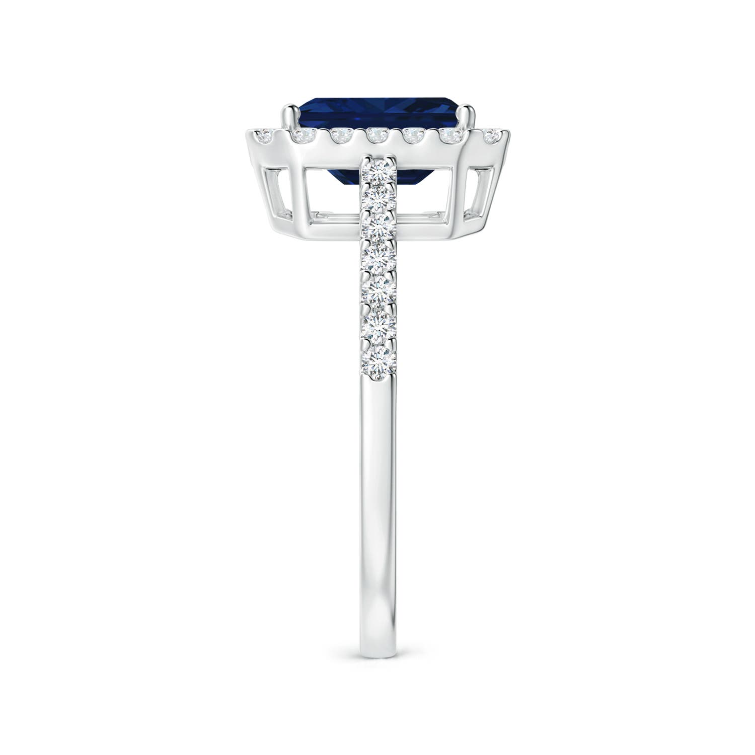 8x6mm AAA Emerald-Cut Blue Sapphire Halo Ring in White Gold - side 3