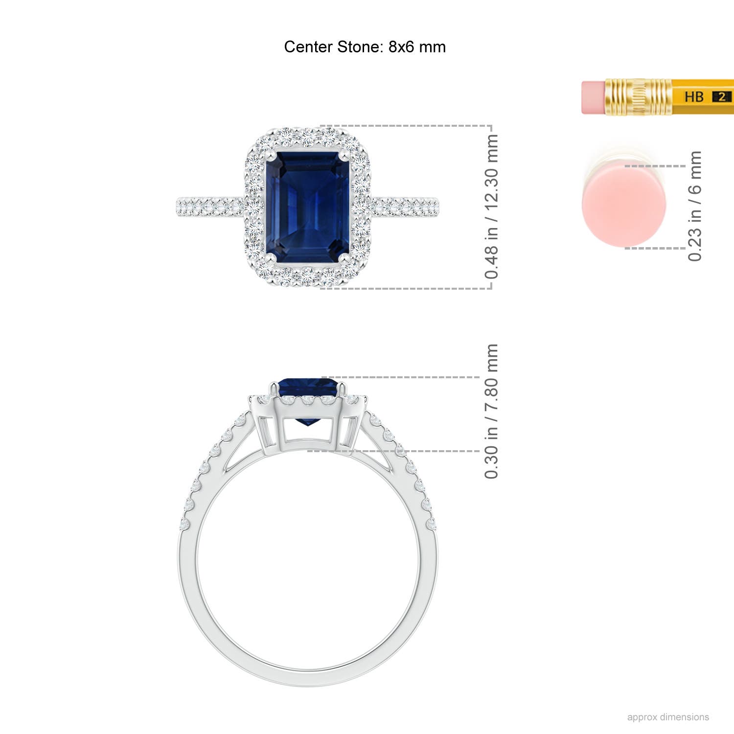 8x6mm AAA Emerald-Cut Blue Sapphire Halo Ring in White Gold - ruler