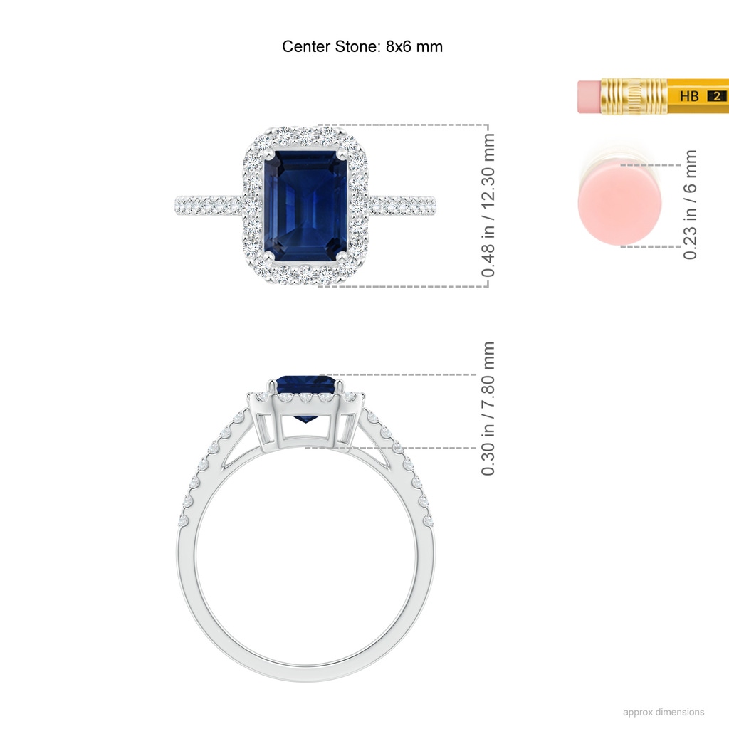 8x6mm AAA Emerald-Cut Blue Sapphire Halo Ring in White Gold ruler