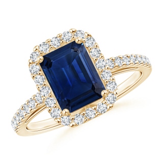 8x6mm AAA Emerald-Cut Blue Sapphire Halo Ring in Yellow Gold