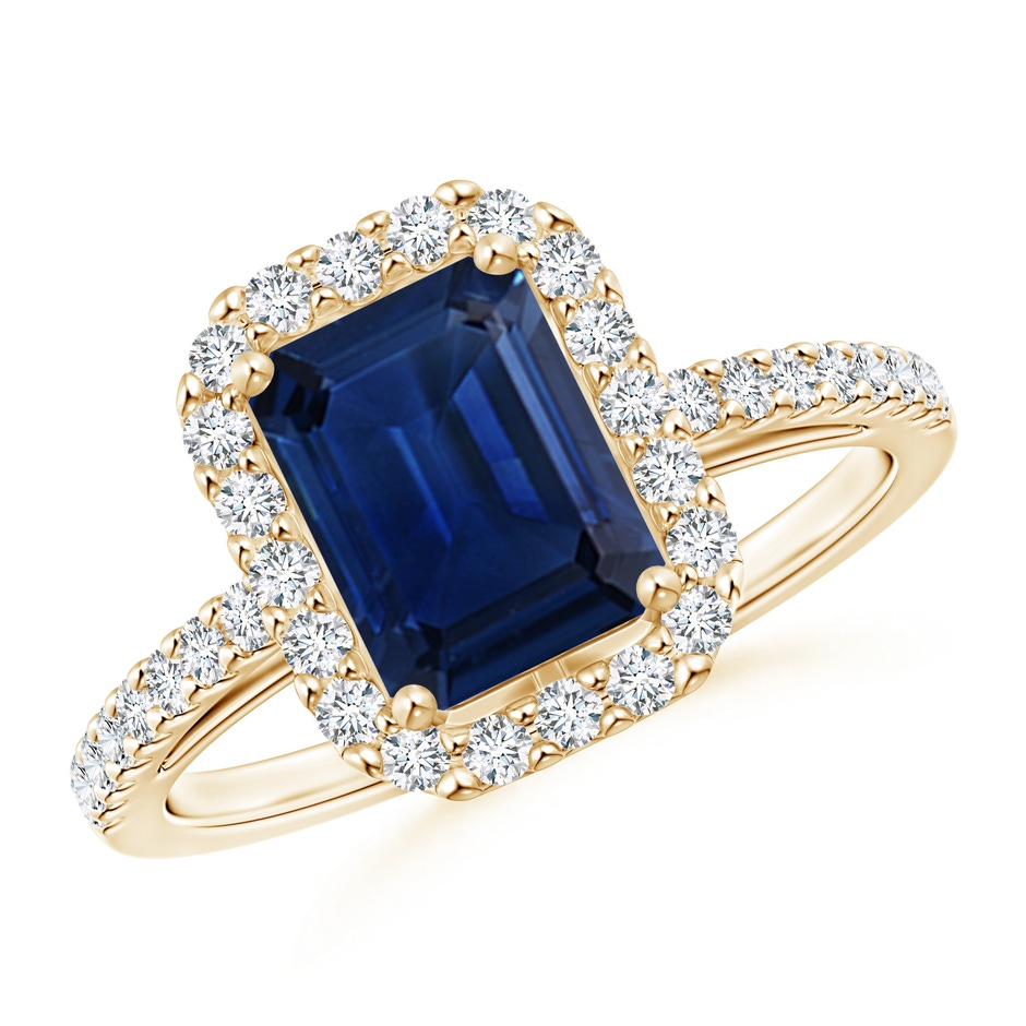 8x6mm AAA Emerald-Cut Blue Sapphire Halo Ring in Yellow Gold 