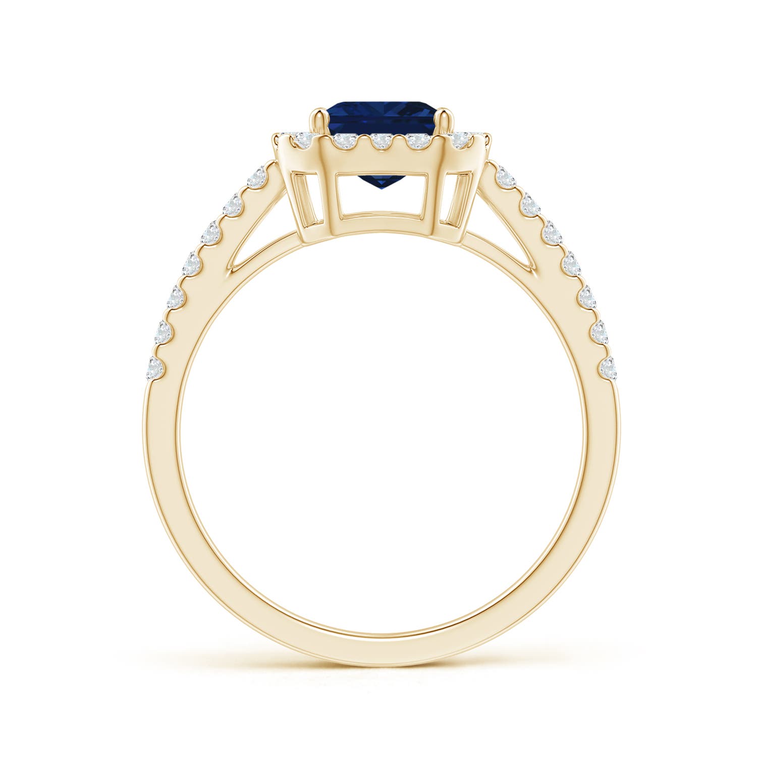 8x6mm AAA Emerald-Cut Blue Sapphire Halo Ring in Yellow Gold - side 2