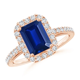 8x6mm AAAA Emerald-Cut Blue Sapphire Halo Ring in 9K Rose Gold