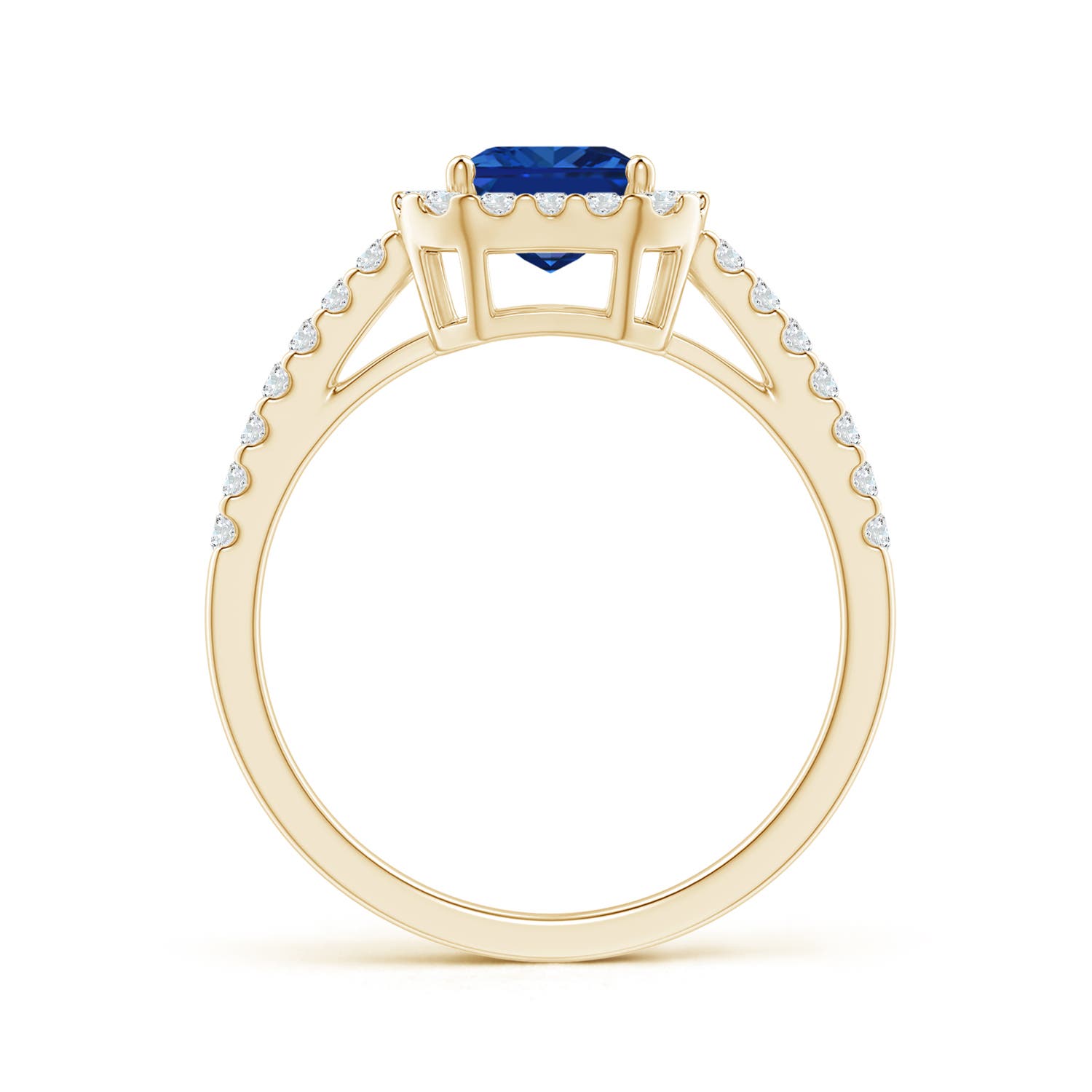 8x6mm AAAA Emerald-Cut Blue Sapphire Halo Ring in Yellow Gold