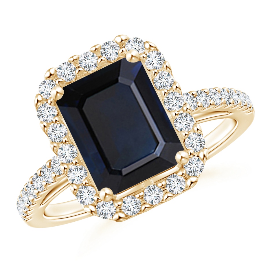 9x7mm A Emerald-Cut Blue Sapphire Halo Ring in Yellow Gold 