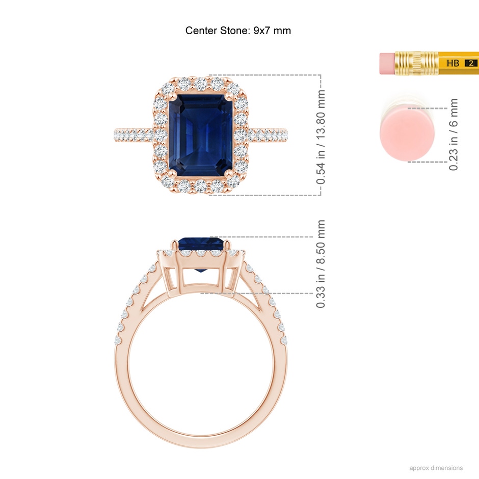 9x7mm AAA Emerald-Cut Blue Sapphire Halo Ring in Rose Gold ruler