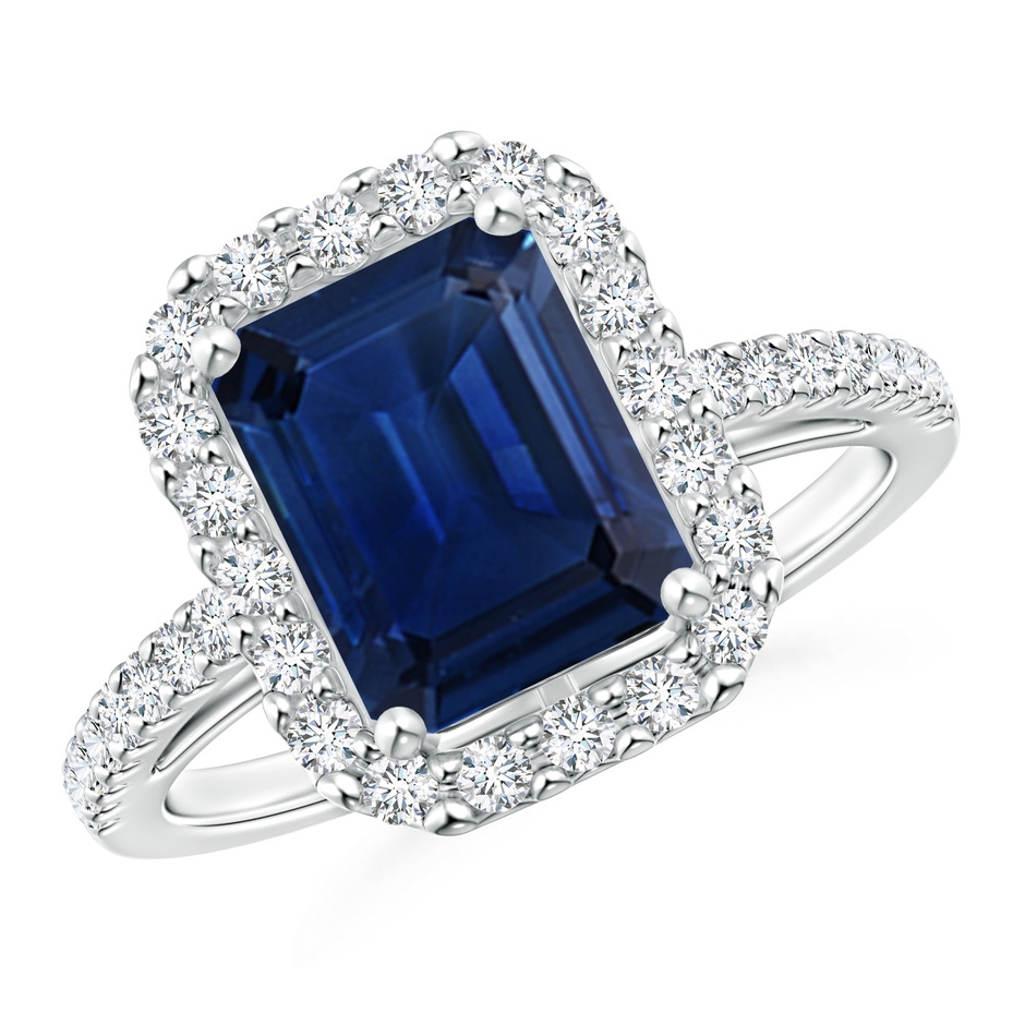 9x7mm AAA Emerald-Cut Blue Sapphire Halo Ring in White Gold 