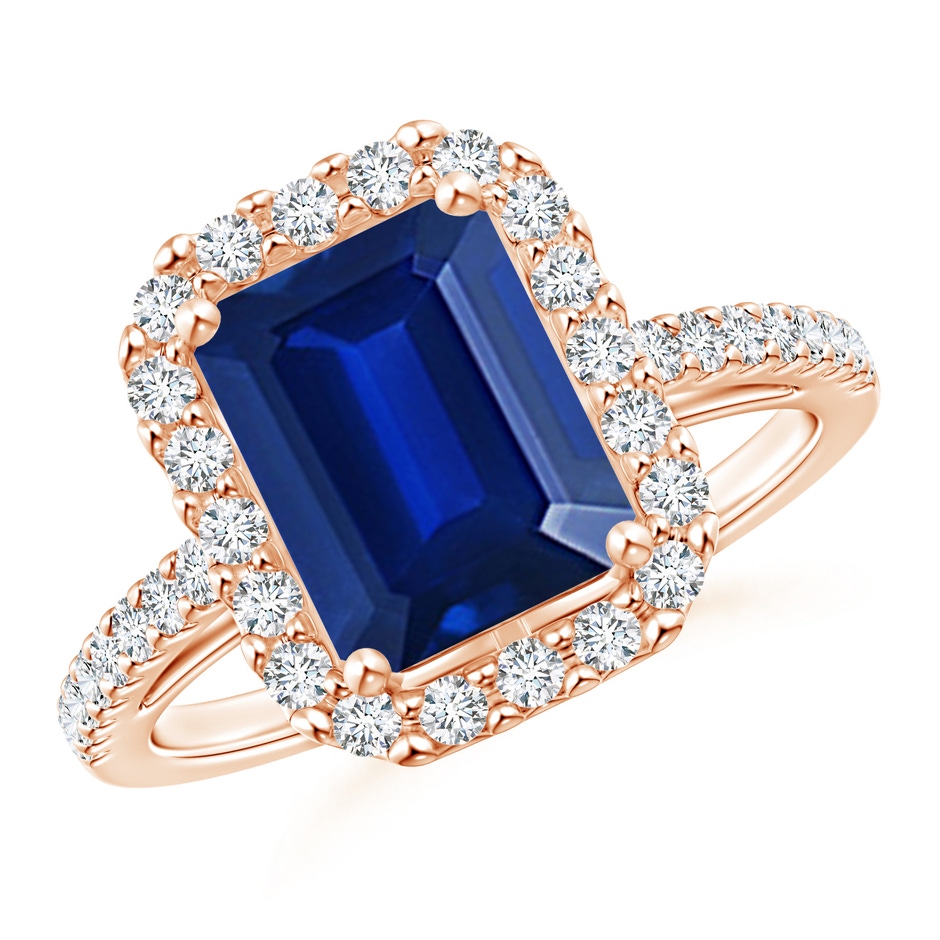 9x7mm AAAA Emerald-Cut Blue Sapphire Halo Ring in Rose Gold 