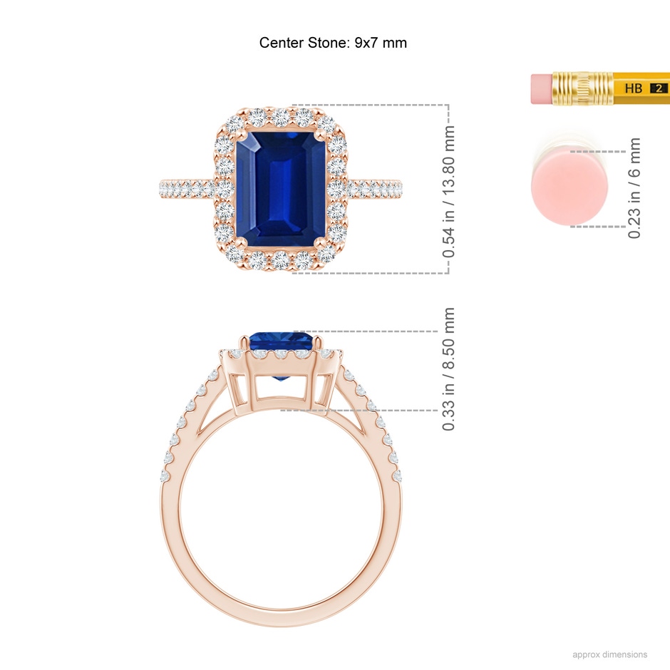 9x7mm AAAA Emerald-Cut Blue Sapphire Halo Ring in Rose Gold ruler