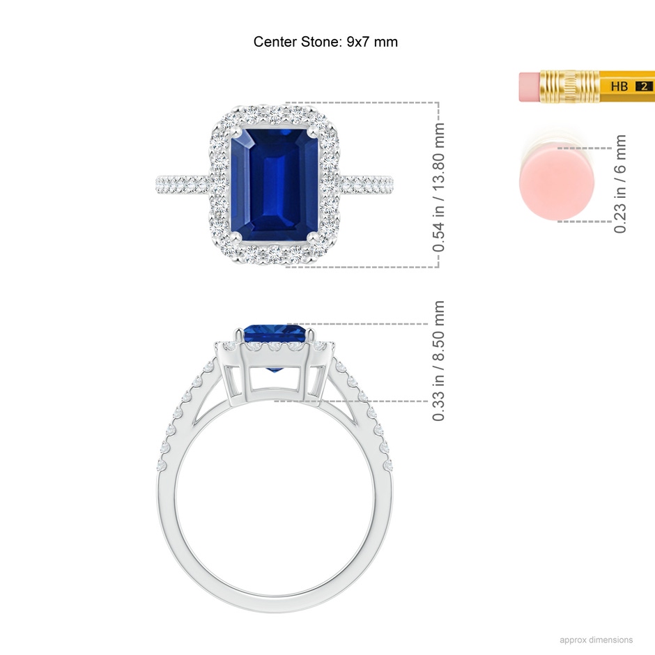 9x7mm Lab-Grown Emerald-Cut Blue Sapphire Halo Ring in White Gold ruler