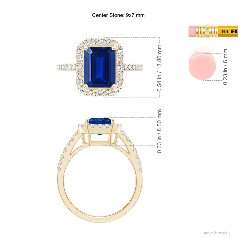 9x7mm AAAA Emerald-Cut Blue Sapphire Halo Ring in Yellow Gold ruler