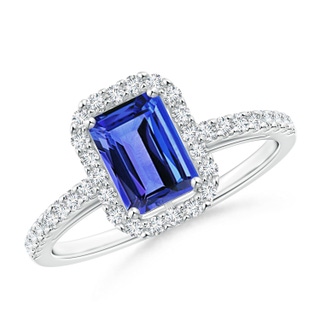 7x5mm AAA Emerald-Cut Tanzanite Halo Ring in P950 Platinum