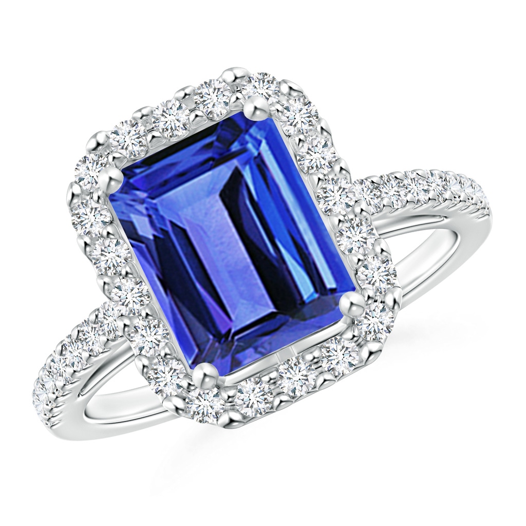 9x7mm AAA Emerald-Cut Tanzanite Halo Ring in White Gold