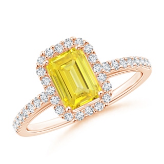 5x3mm AAAA Emerald-Cut Fancy Intense Yellow Diamond Halo Ring in 9K Rose Gold